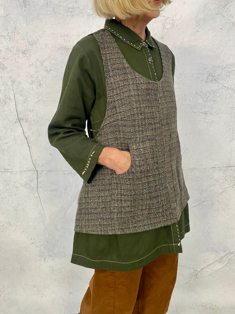 Hana Vest Fleck Wool Front with Contrast Forest Green Linen Back