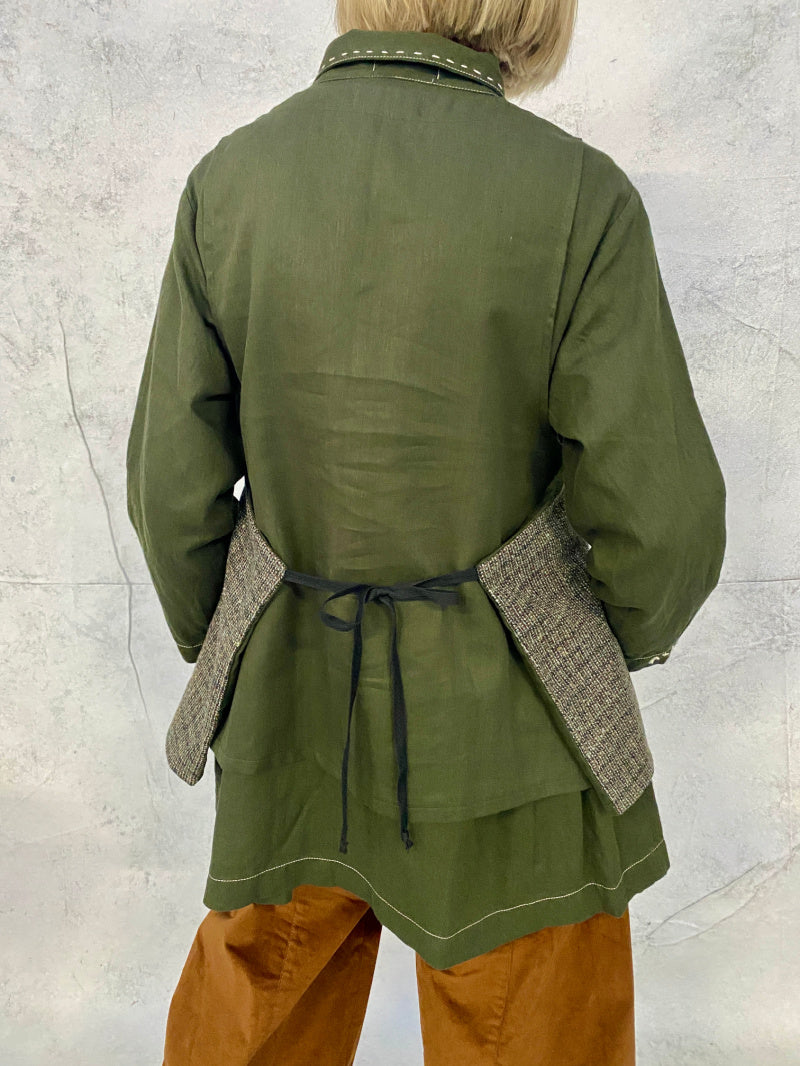 Hana Vest Fleck Wool Front with Contrast Forest Green Linen Back
