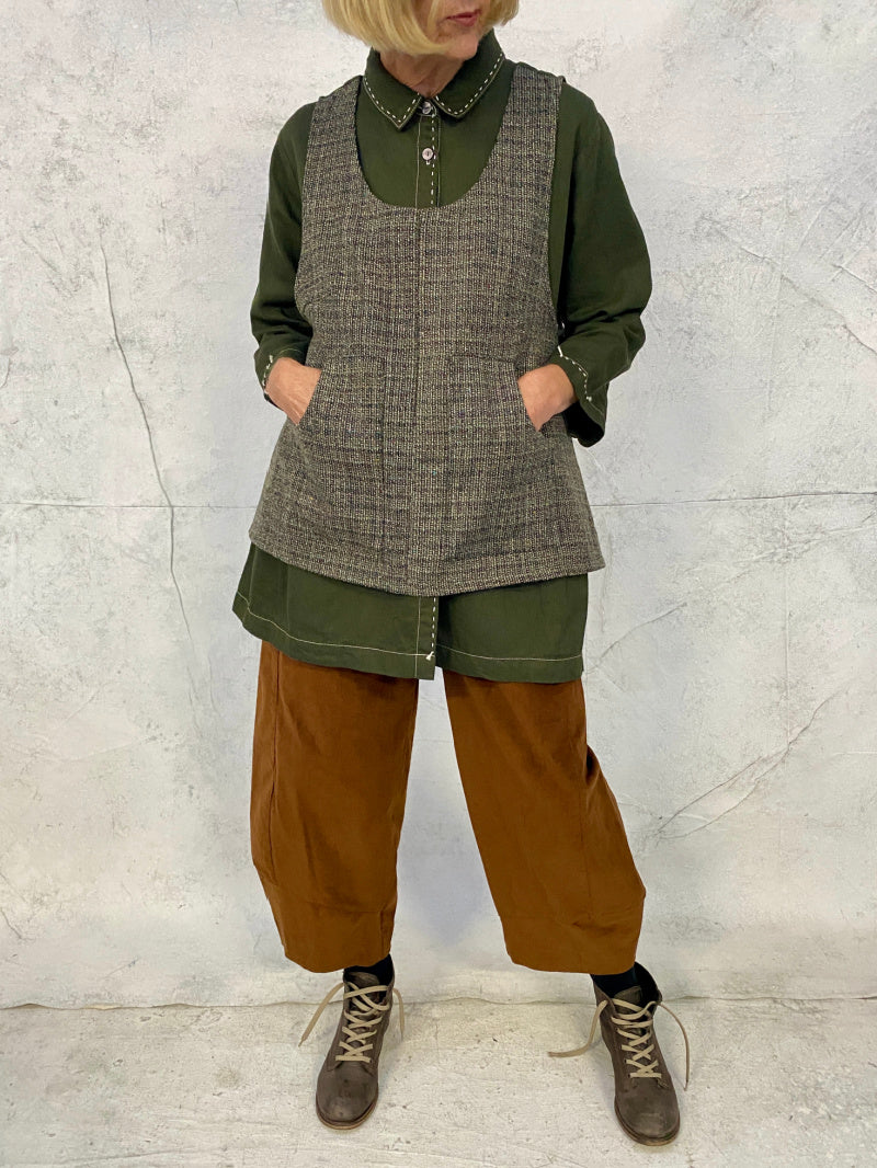 Hana Vest Fleck Wool Front with Contrast Forest Green Linen Back
