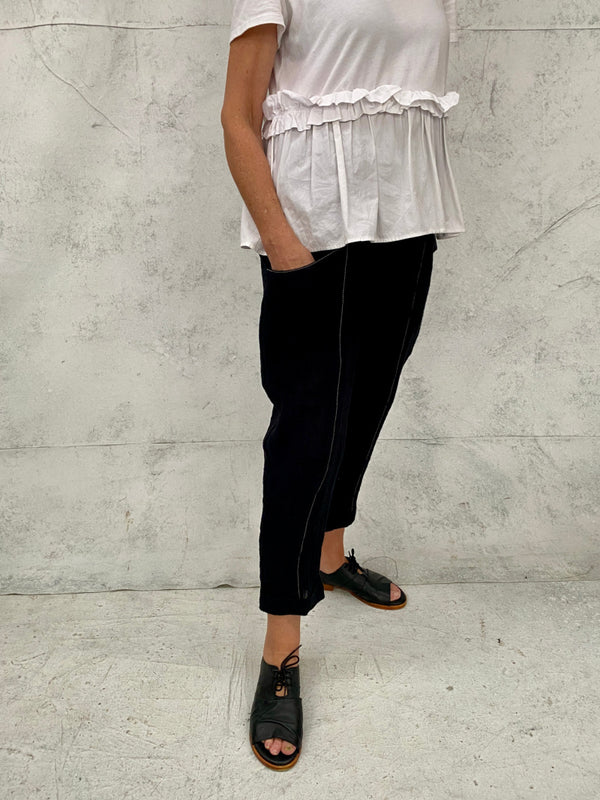 Nina Pant in Black Crinkle Linen with Natural Top Stitch (new refined shape)