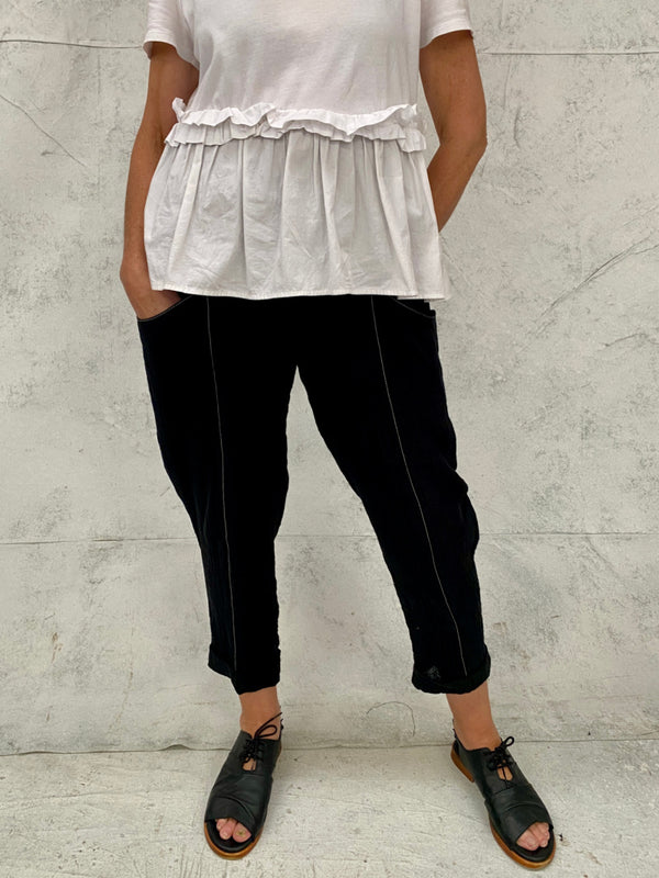 Nina Pant in Black Crinkle Linen with Natural Top Stitch (new refined shape)