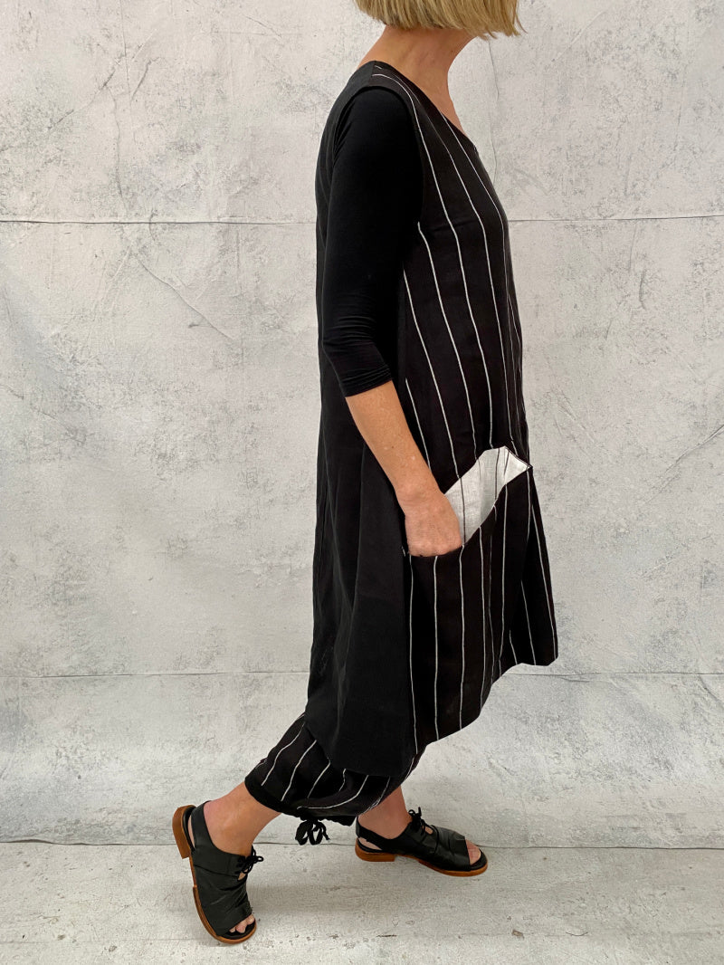 Piper Tunic Dress Black Stripe Linen with Contrast Pockets