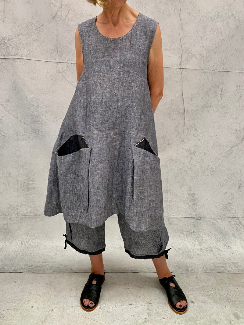 Piper Tunic Dress Crinkle Grey Linen with Contrast Pockets