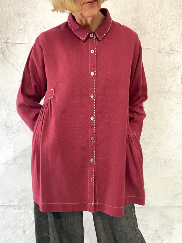 Poet Smock in Rose Linen with Hand Stitched Detail