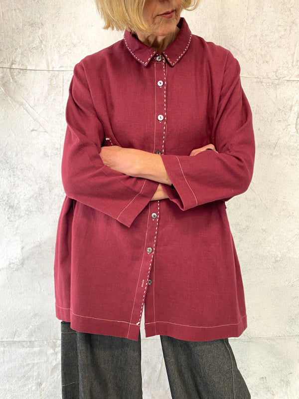 Poet Smock in Rose Linen with Hand Stitched Detail