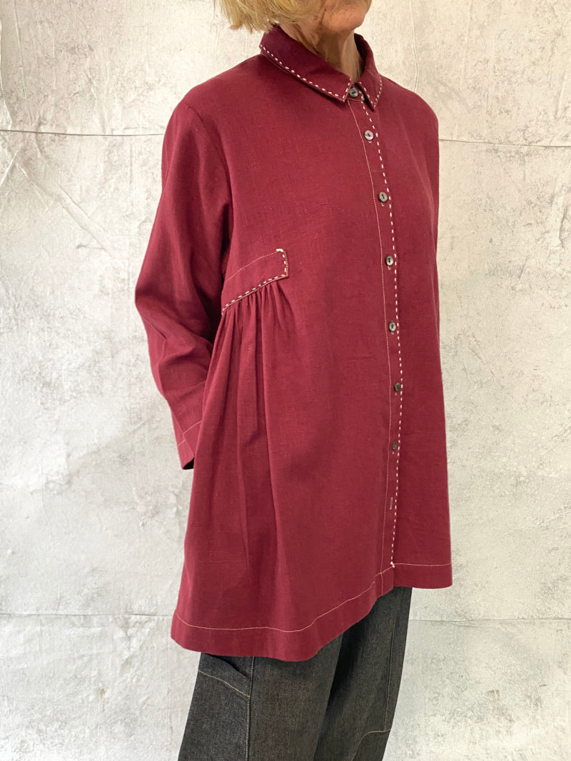 Poet Smock in Rose Linen with Hand Stitched Detail