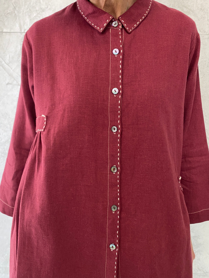 Poet Smock in Rose Linen with Hand Stitched Detail