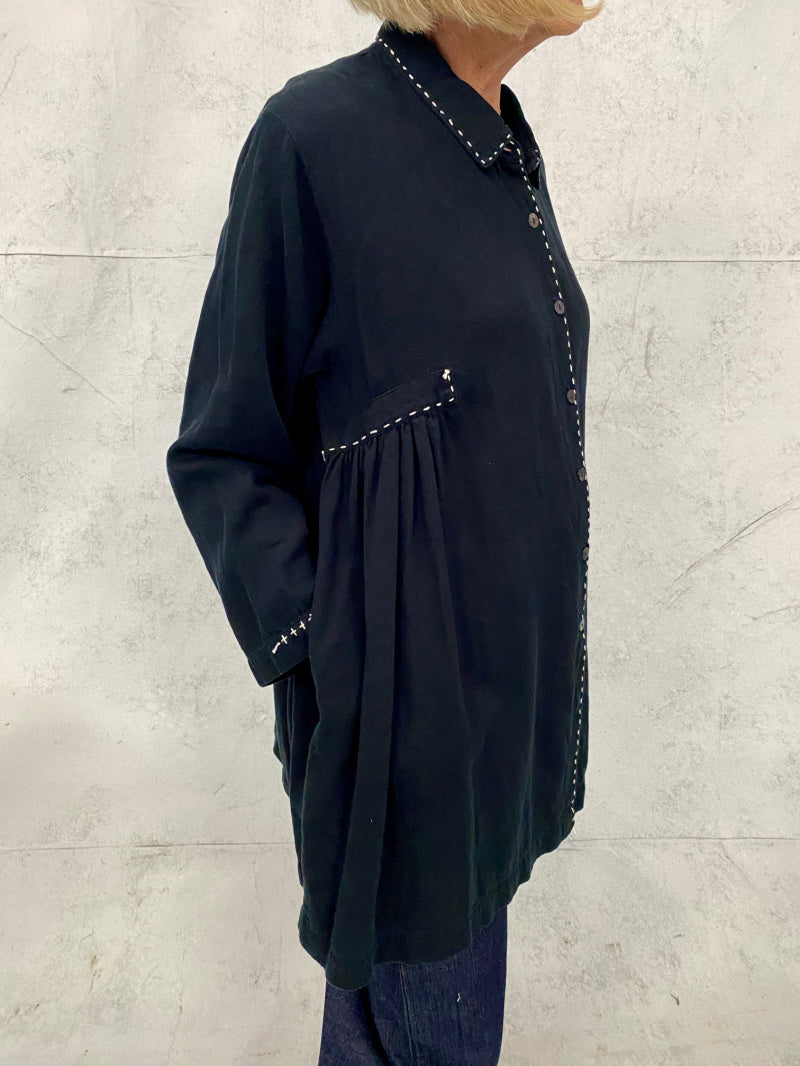 Poet Smock in Black Overdye Linen With Handstitch Detail