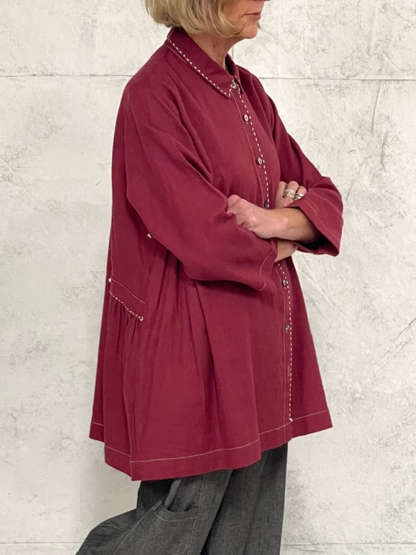 Poet Smock in Rose Linen with Hand Stitched Detail