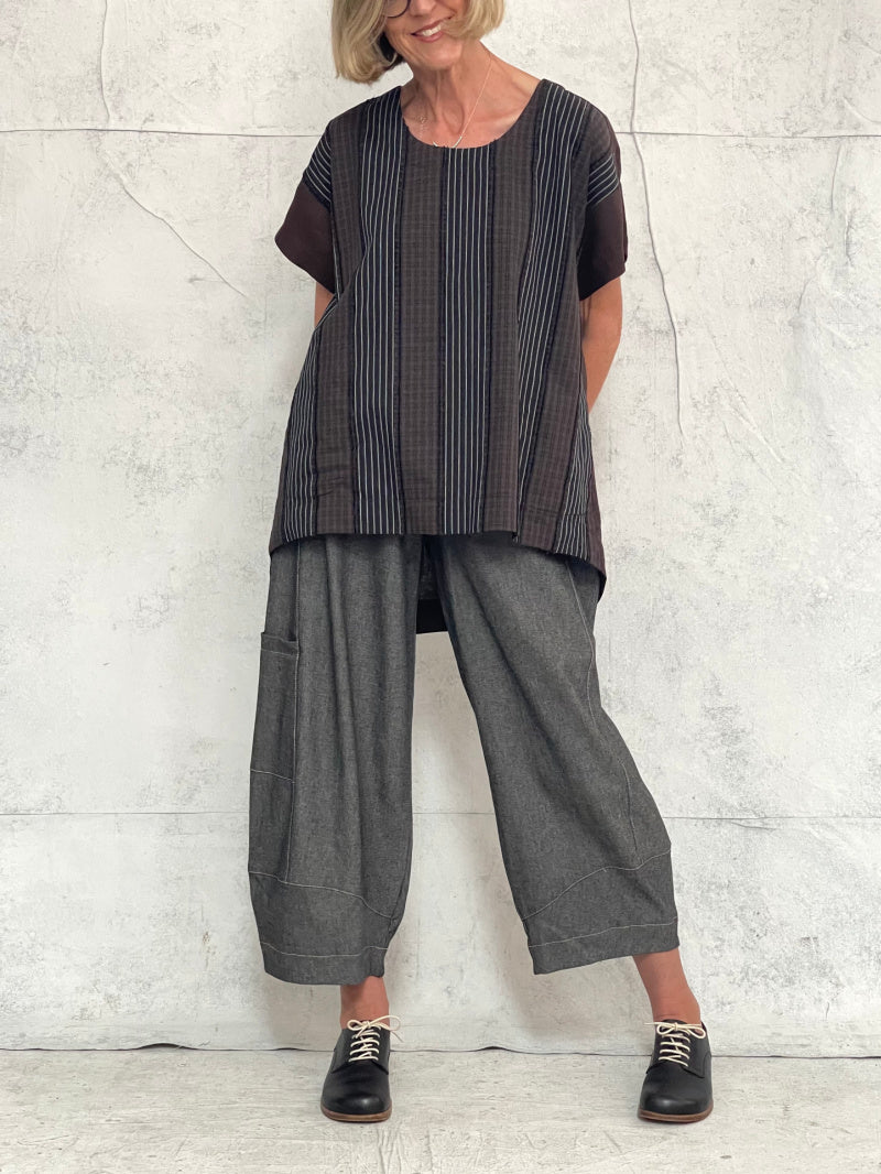 Willow Top in Brown Stripe with Bitter Brown Linen Back