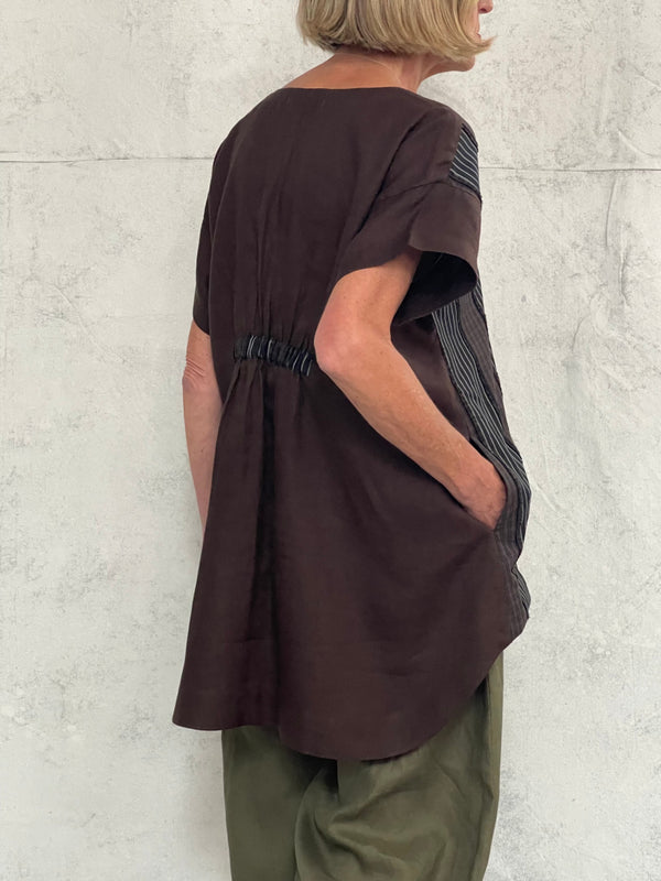 Willow Top in Brown Stripe with Bitter Brown Linen Back
