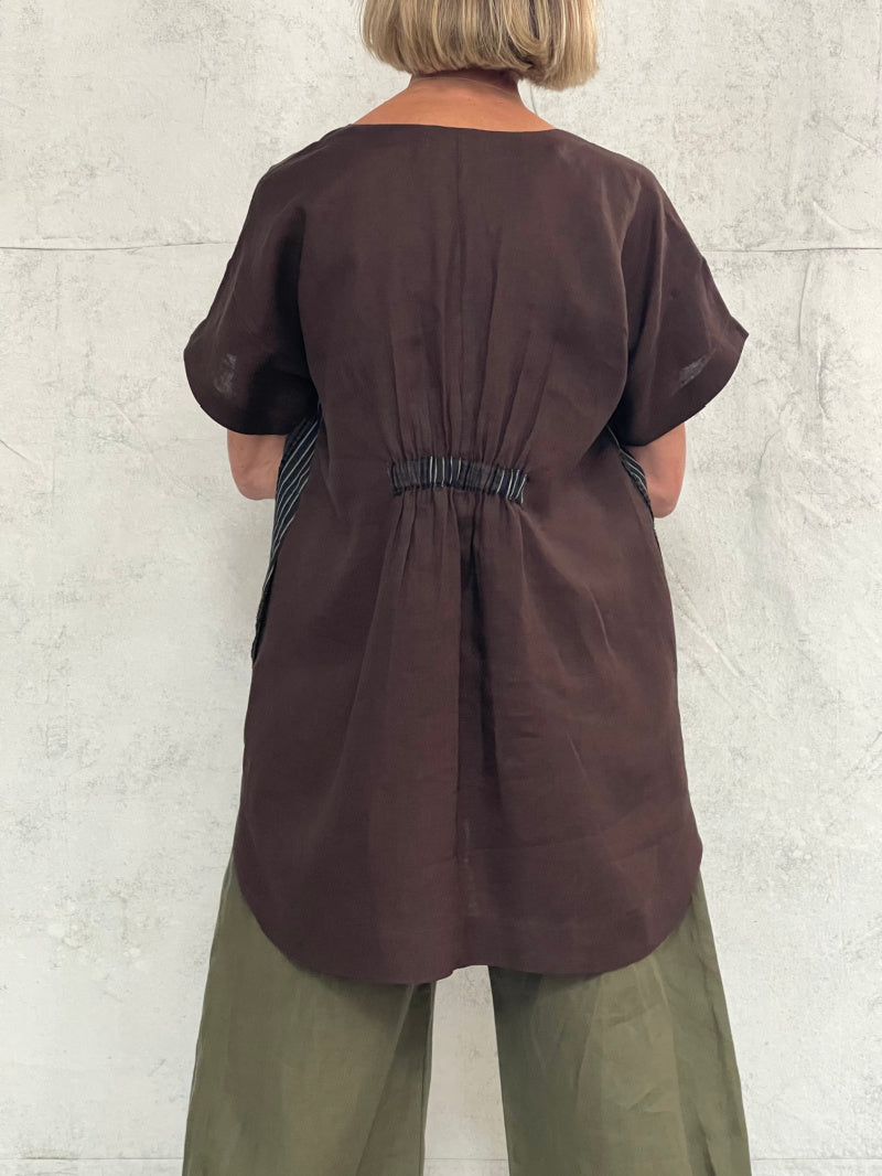 Willow Top in Brown Stripe with Bitter Brown Linen Back