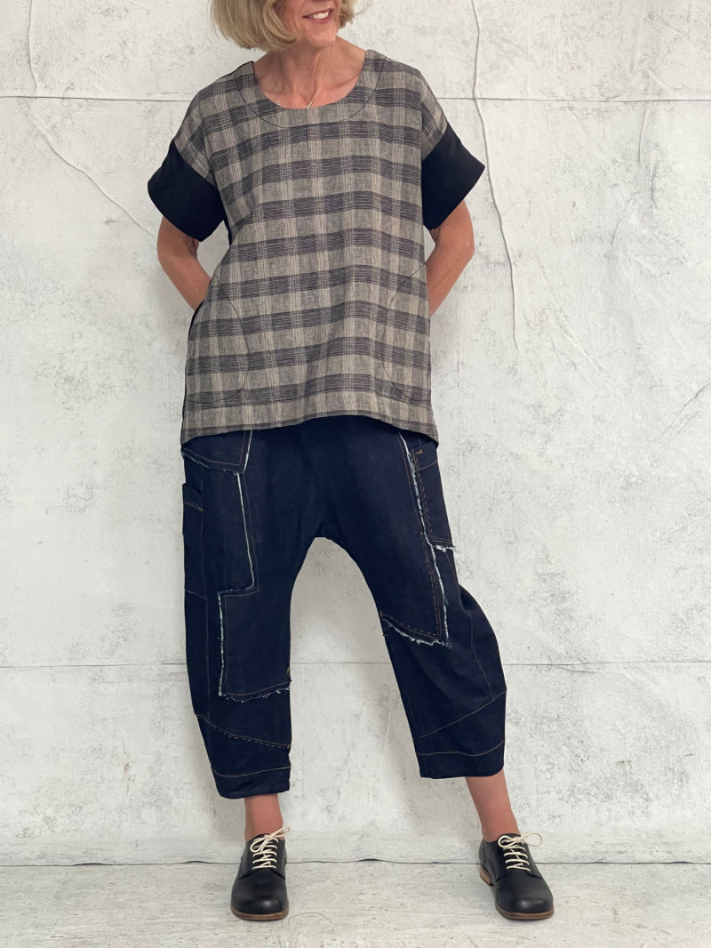 Willow Top in Plaid with Black Linen Back