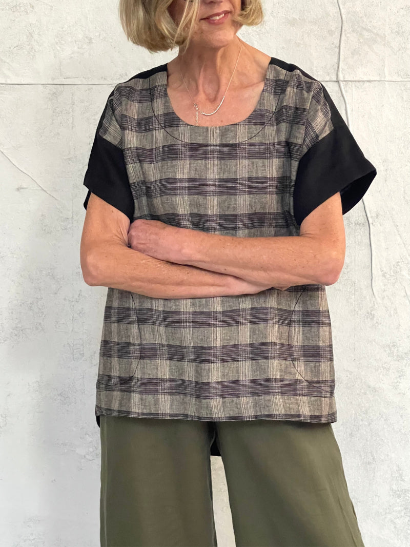 Willow Top in Plaid with Black Linen Back