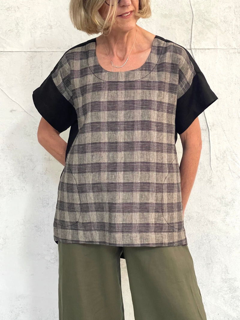 Willow Top in Plaid with Black Linen Back