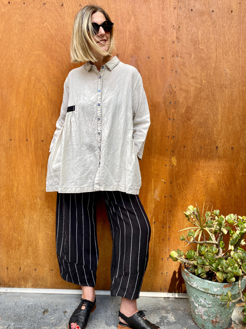 Grace Pants in Black Striped Linen ( No stretch we suggest you go up a size)