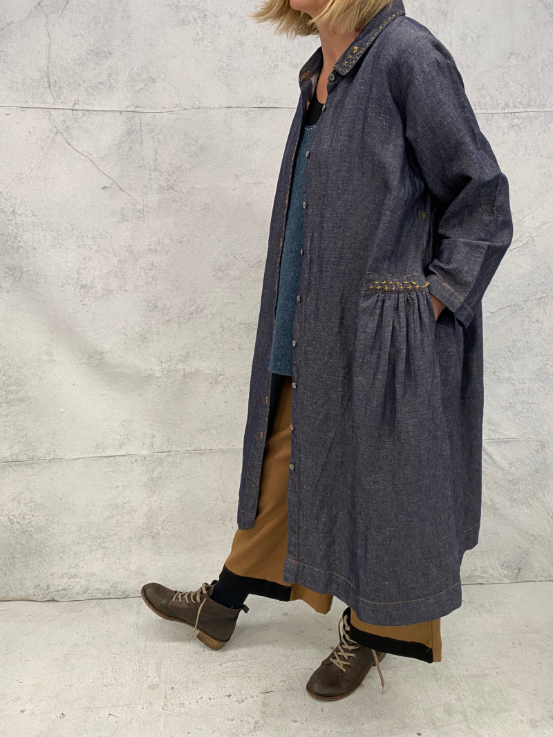 Sonnet Duster Dress in Indigo Textured Linen Denim With Hand Stitched Detail