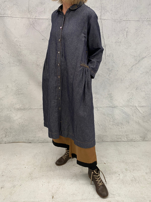 Sonnet Duster Dress in Indigo Textured Linen Denim With Hand Stitched Detail