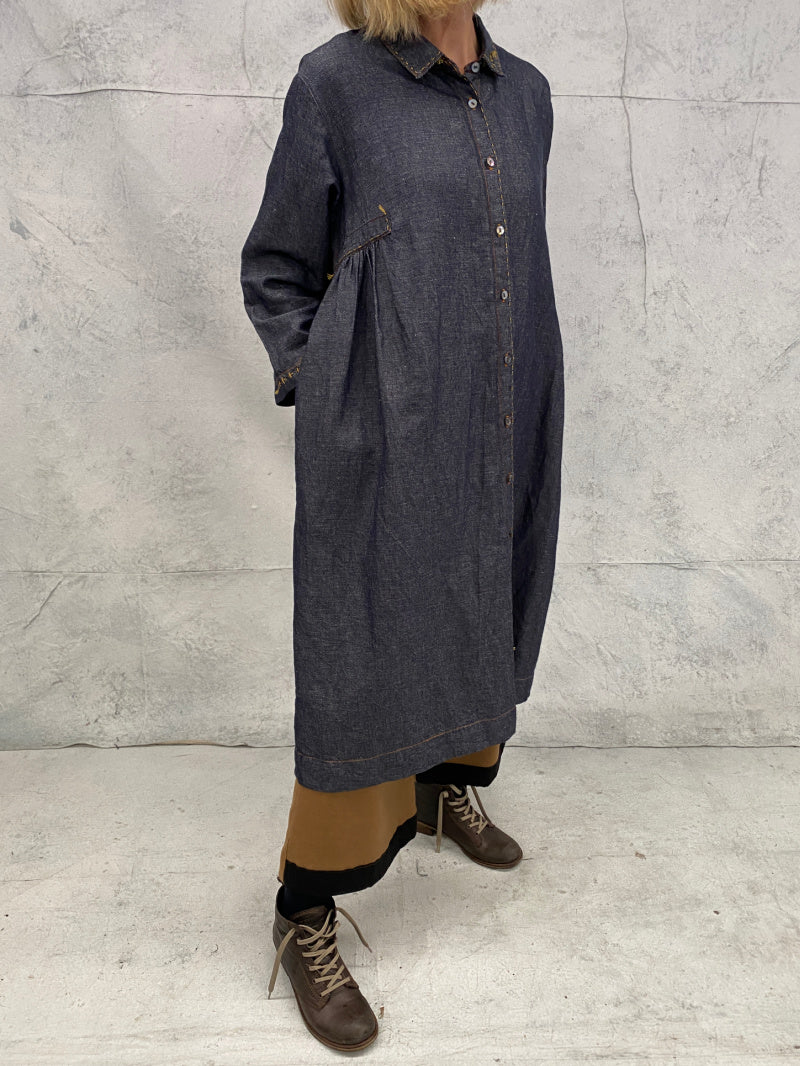 Sonnet Duster Dress in Indigo Textured Linen Denim With Hand Stitched Detail