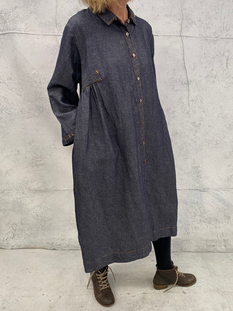 Sonnet Duster Dress in Indigo Textured Linen Denim With Hand Stitched Detail